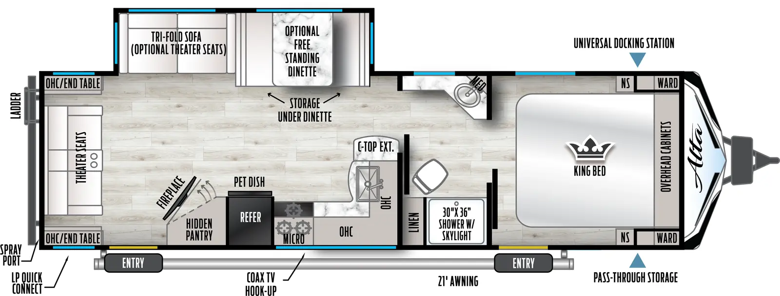 The 2850 has one slideout and two entries. Exterior features pass-through storage, universal docking station, 21 foot awning, coax TV hookup, LP quick connect, spray port, and rear ladder. Interior layout front to back: foot-facing king bed with overhead cabinets, wardrobes with night stands on each side, and entry; pass through full bathroom with linen closet and medicine cabinet; kitchen counter wraps from inner wall with sink and countertop extension to door side with overhead cabinet, microwave, cooktop, refrigerator, pet dish, angled entertainment center with fireplace and hidden pantry behind, and second entry; off-door side slideout with dinette with storage underneath (optional free-standing dinette), and tri-fold sofa (optional theater seats); rear theater seats with overhead cabinets and end tables on each side.
